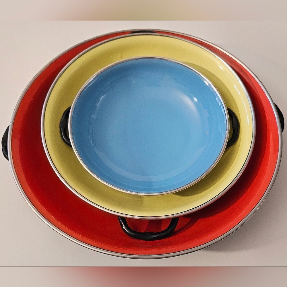 Emo Celje Yugoslavia Enamel Nesting Pans Vintage Mid-Century Modern Red Blue